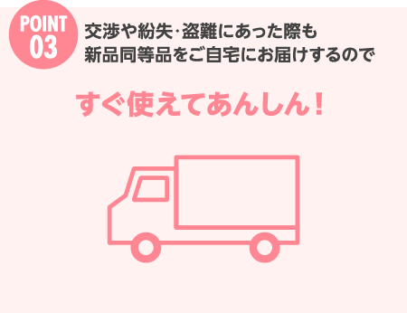 Point 3 交渉や紛失・盗難にあった際も新品同等品をご自宅にお届けするのですぐ使えてあんしん！